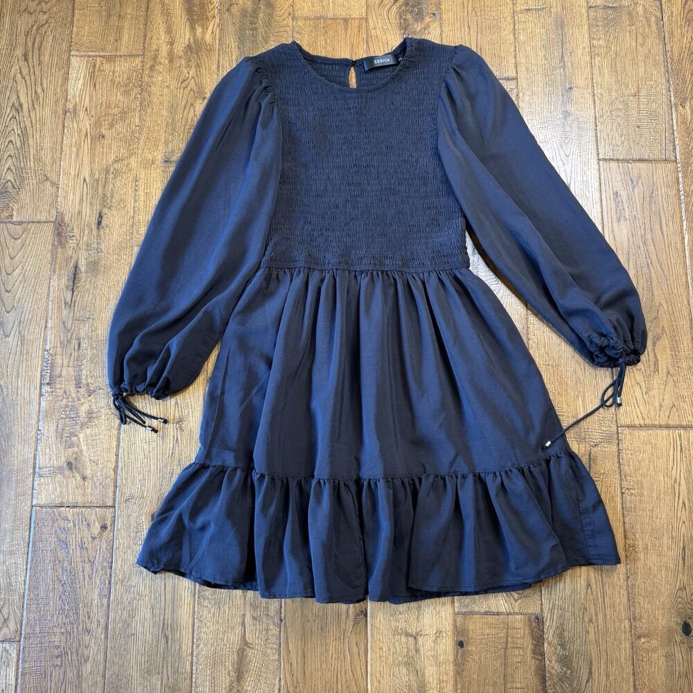 ZESICA Womens Tie Bubble Long Sleeve Smocked Tiered Dress Sz Small Black